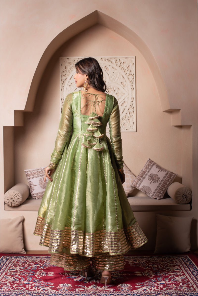 GHAZAL GREEN COSMOS SILK GOTA PATTI ANARKALI SET WITH COSMOS SILK DUPATTA - Pomcha Jaipur