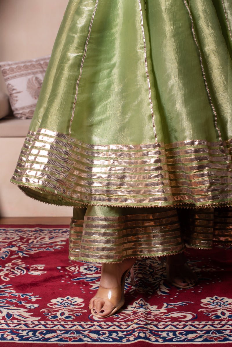 GHAZAL GREEN COSMOS SILK GOTA PATTI ANARKALI SET WITH COSMOS SILK DUPATTA - Pomcha Jaipur