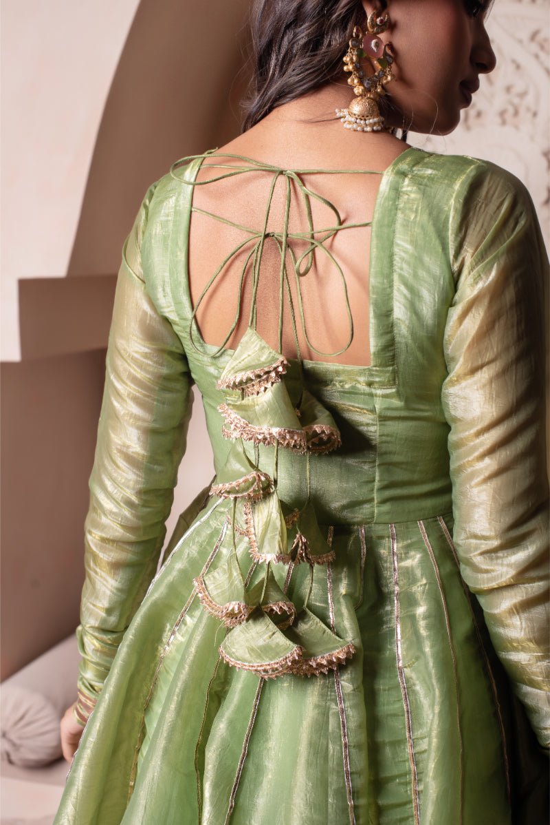 GHAZAL GREEN COSMOS SILK GOTA PATTI ANARKALI SET WITH COSMOS SILK DUPATTA - Pomcha Jaipur