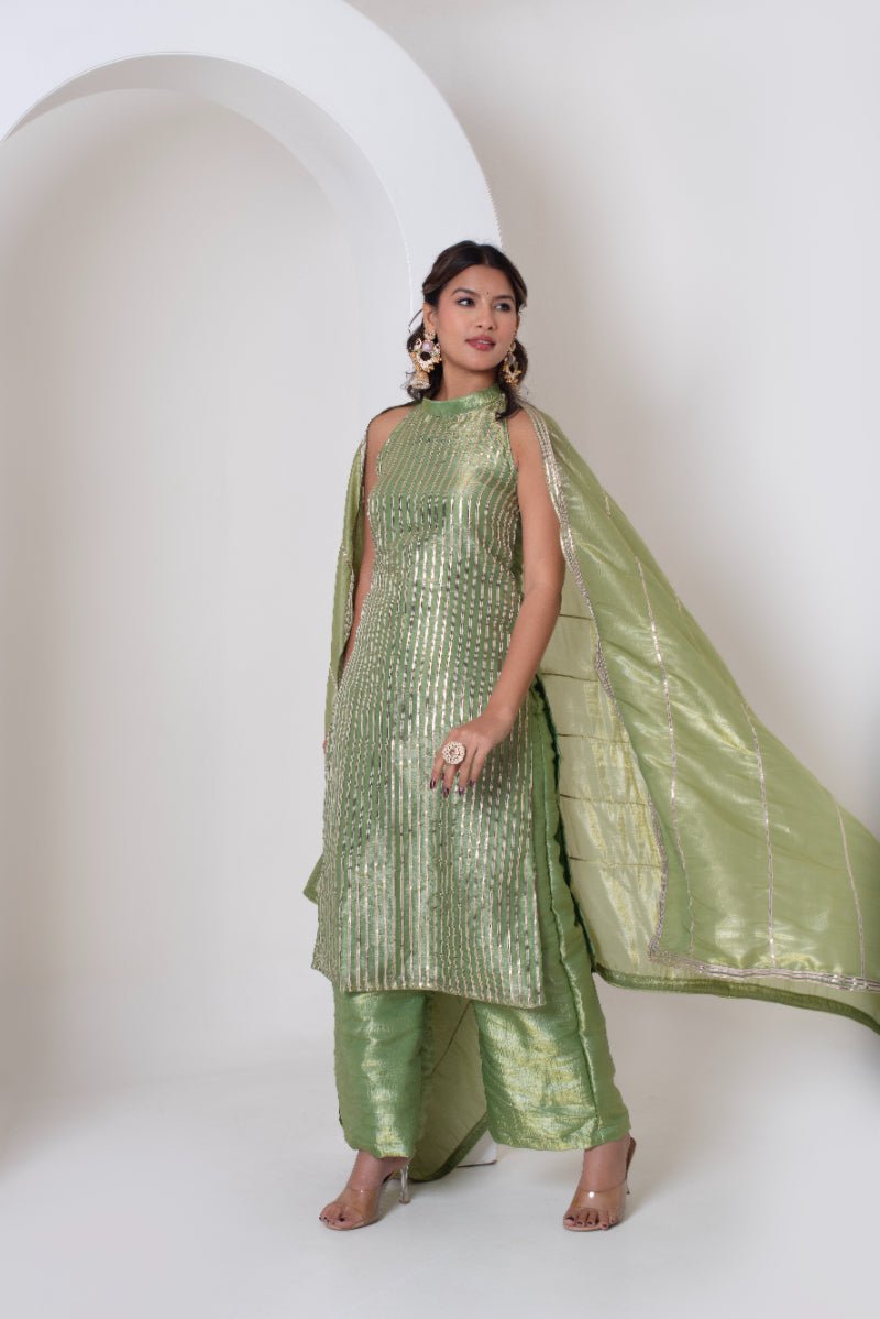 GHAZAL GREEN COSMOS SILK GOTTA PATTI SUIT SET WITH COSMOS SILK DUPATTA - Pomcha Jaipur