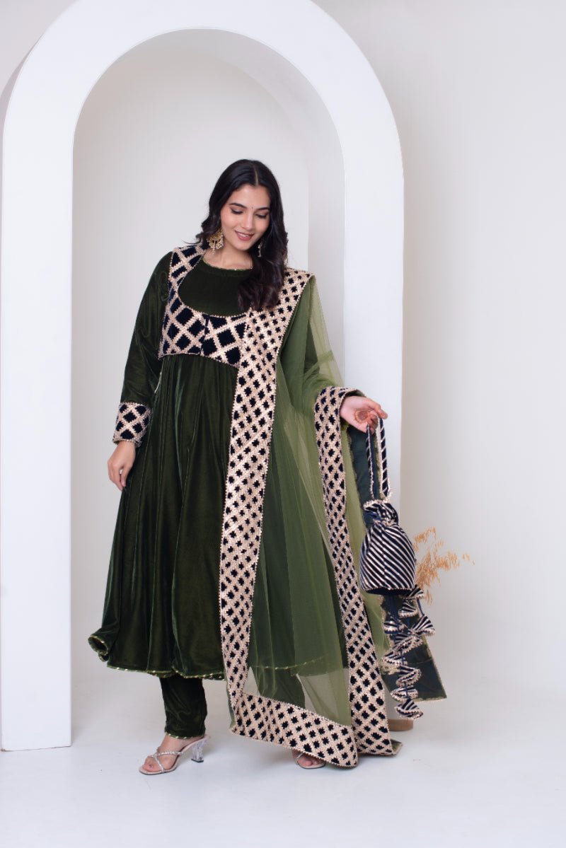 GHAZAL GREEN VELVET GOTA PATTI ANARKALI SET WITH VELVET VEST AND SOFT NET DUPATTA - Pomcha Jaipur