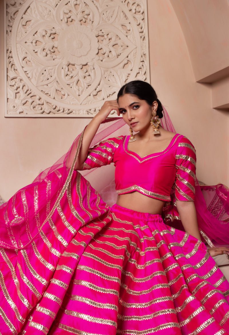 GHAZAL HOT PINK TAFFETA SILK GOTA PATTI LEHENGA SET WITH SOFT NET DUPATTA - Pomcha Jaipur
