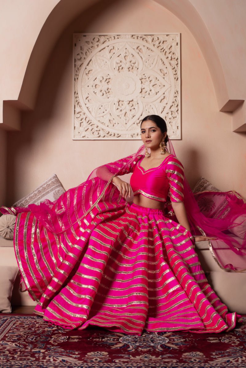 GHAZAL HOT PINK TAFFETA SILK GOTA PATTI LEHENGA SET WITH SOFT NET DUPATTA - Pomcha Jaipur