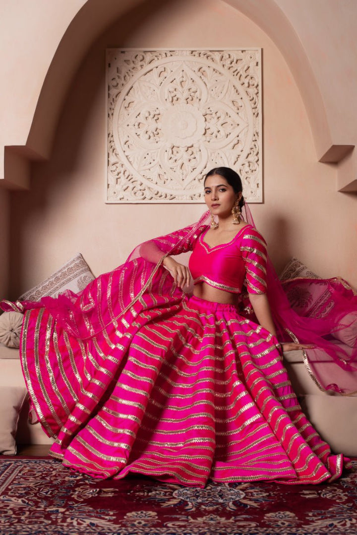 GHAZAL HOT PINK TAFFETA SILK GOTA PATTI LEHENGA SET WITH SOFT NET DUPATTA - Pomcha Jaipur
