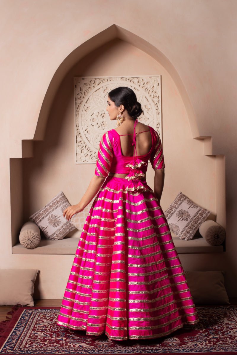 GHAZAL HOT PINK TAFFETA SILK GOTA PATTI LEHENGA SET WITH SOFT NET DUPATTA - Pomcha Jaipur