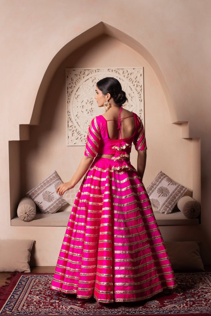 GHAZAL HOT PINK TAFFETA SILK GOTA PATTI LEHENGA SET WITH SOFT NET DUPATTA - Pomcha Jaipur