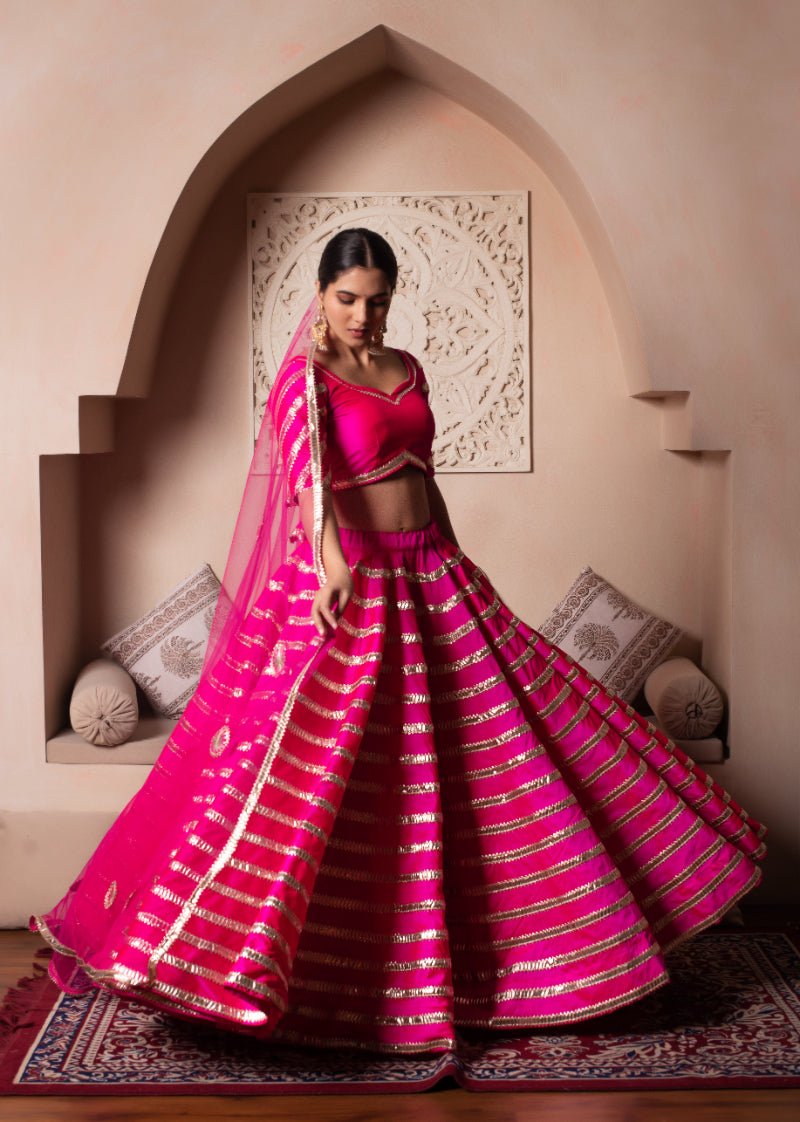 GHAZAL HOT PINK TAFFETA SILK GOTA PATTI LEHENGA SET WITH SOFT NET DUPATTA - Pomcha Jaipur