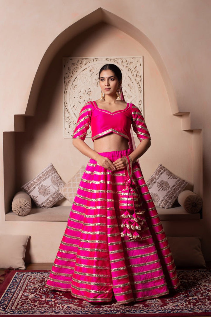 GHAZAL HOT PINK TAFFETA SILK GOTA PATTI LEHENGA SET WITH SOFT NET DUPATTA - Pomcha Jaipur