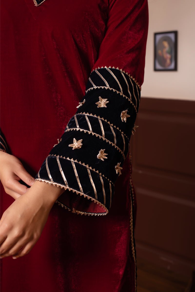GHAZAL MAROON VELVET GOTA PATTI SUIT SET WITH VELVET DUPATTA - Pomcha Jaipur