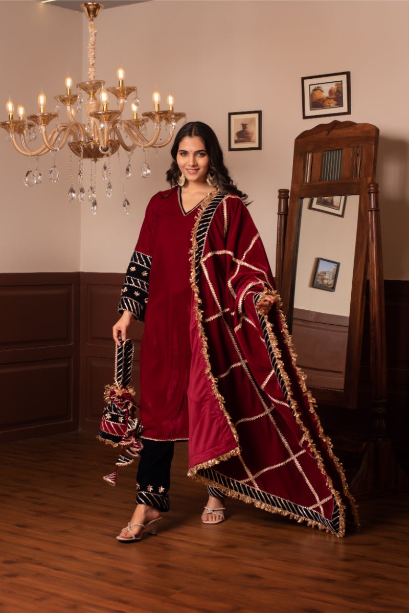 GHAZAL MAROON VELVET GOTA PATTI SUIT SET WITH VELVET DUPATTA - Pomcha Jaipur