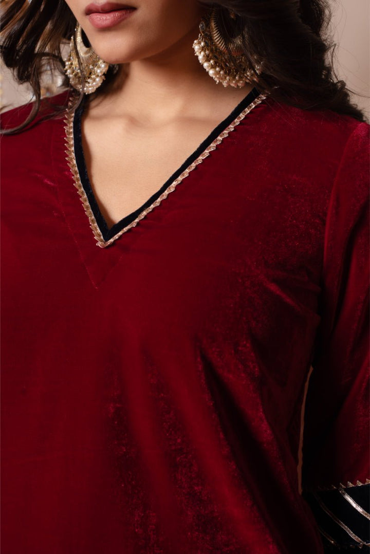 GHAZAL MAROON VELVET GOTA PATTI SUIT SET WITH VELVET DUPATTA - Pomcha Jaipur