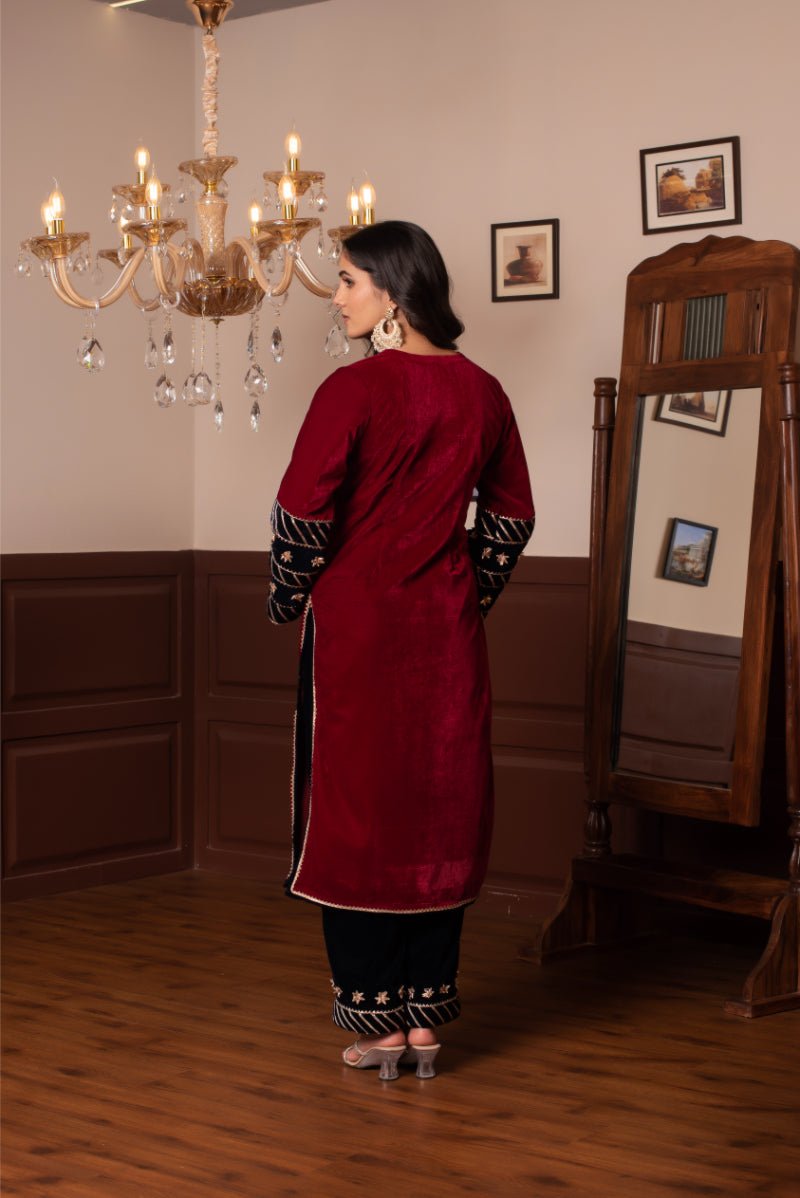 GHAZAL MAROON VELVET GOTA PATTI SUIT SET WITH VELVET DUPATTA - Pomcha Jaipur
