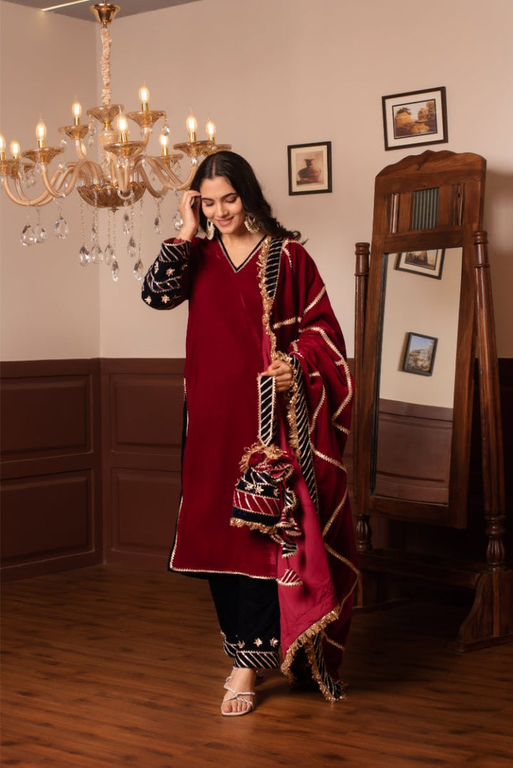 GHAZAL MAROON VELVET GOTA PATTI SUIT SET WITH VELVET DUPATTA - Pomcha Jaipur