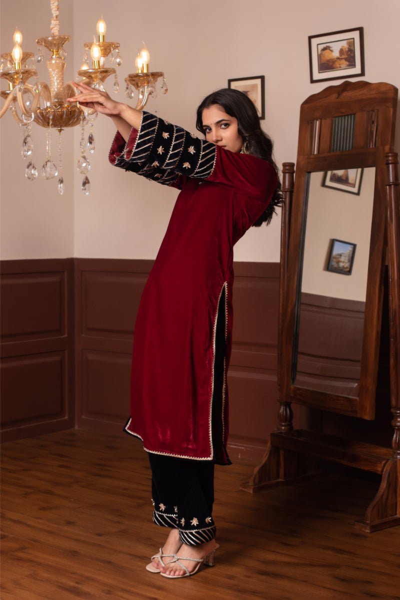 GHAZAL MAROON VELVET GOTA PATTI SUIT SET WITH VELVET DUPATTA - Pomcha Jaipur