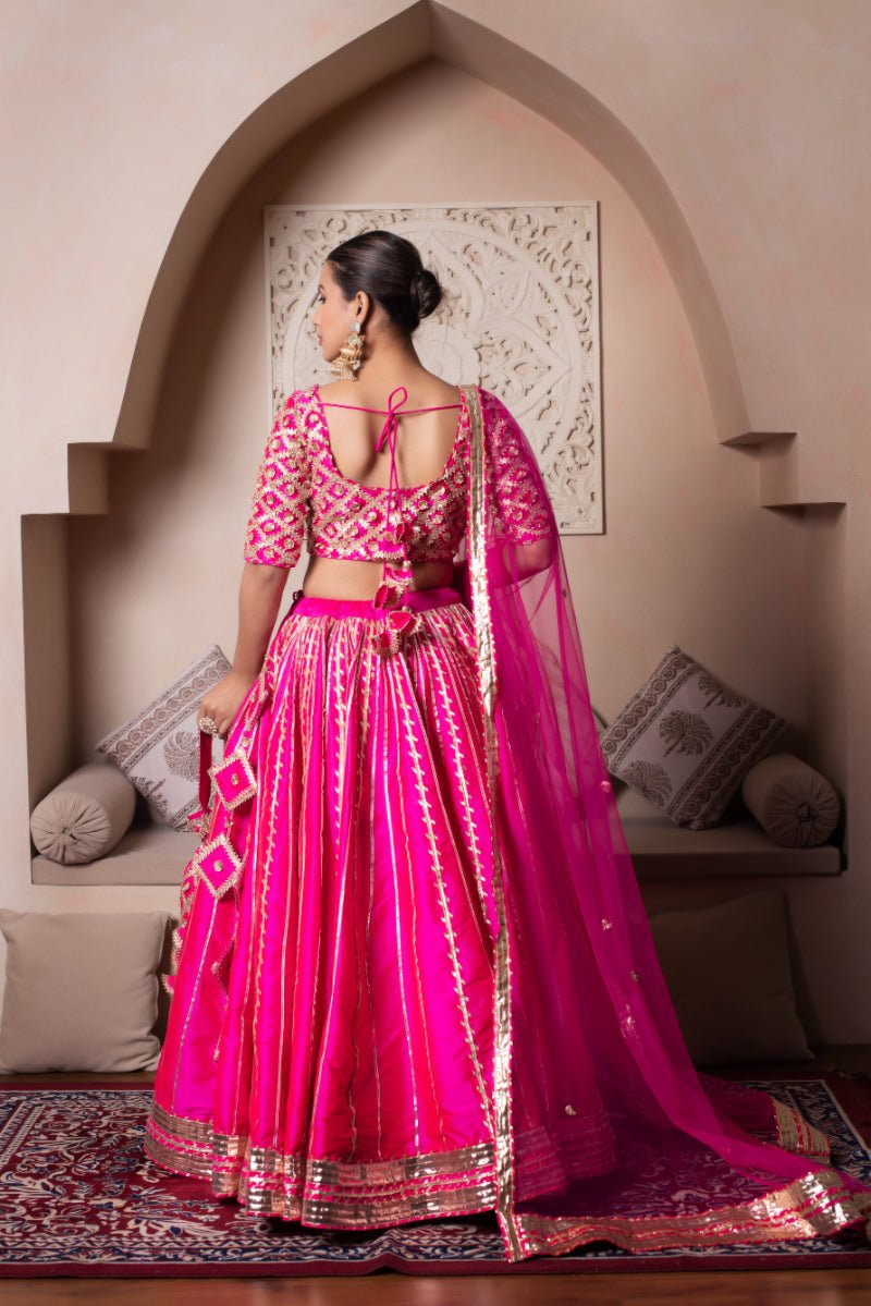 GHAZAL MEERA HOT PINK GOTA PATTI SILK LEHENGA SET WITH SOFT NET DUPATTA - Pomcha Jaipur