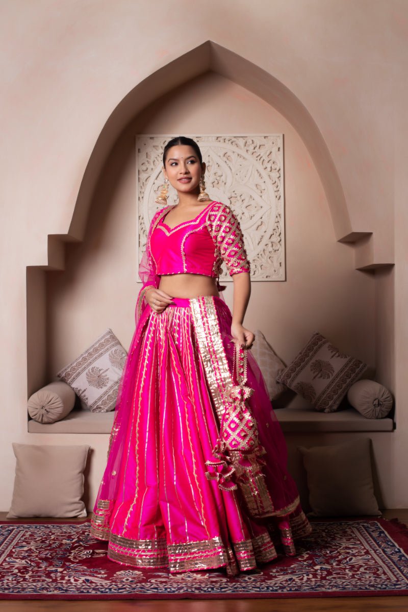 GHAZAL MEERA HOT PINK GOTA PATTI SILK LEHENGA SET WITH SOFT NET DUPATTA - Pomcha Jaipur