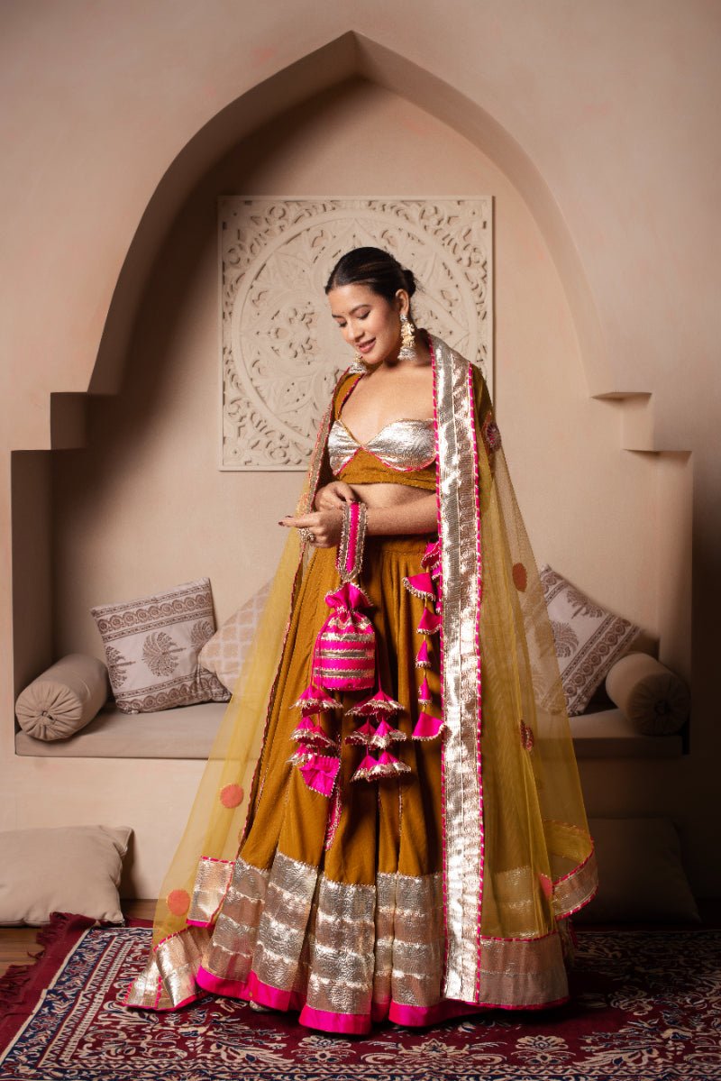 GHAZAL MUSTARD YELLOW VELVET GOTA PATTI LEHENGA WITH SOFT NET DUPATTA - Pomcha Jaipur