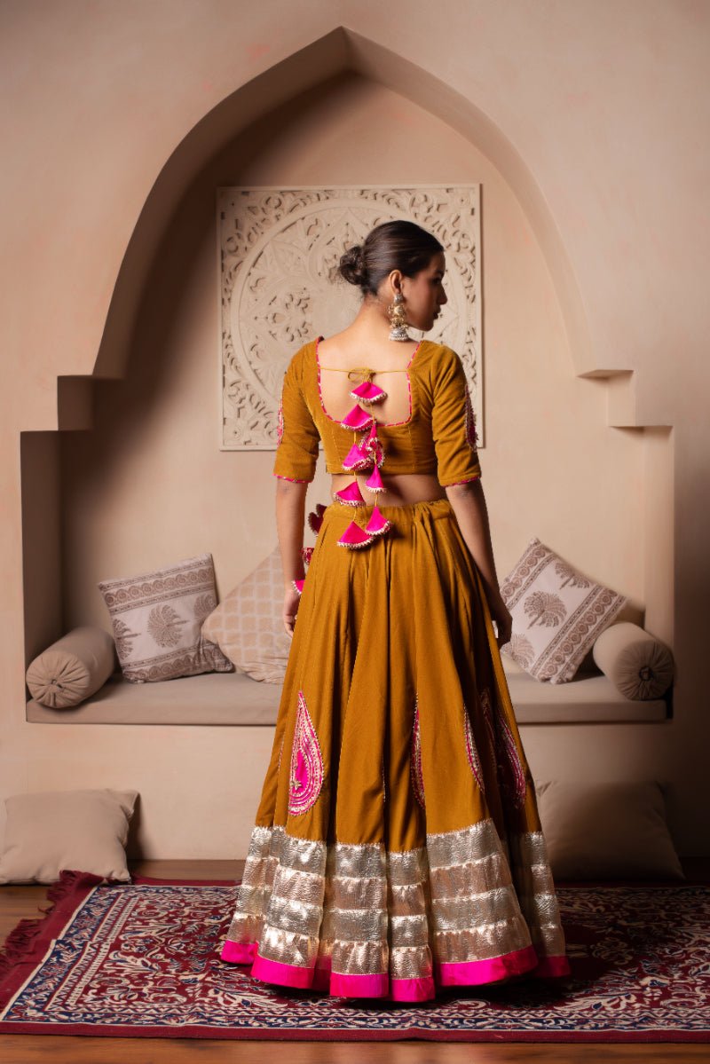 GHAZAL MUSTARD YELLOW VELVET GOTA PATTI LEHENGA WITH SOFT NET DUPATTA - Pomcha Jaipur