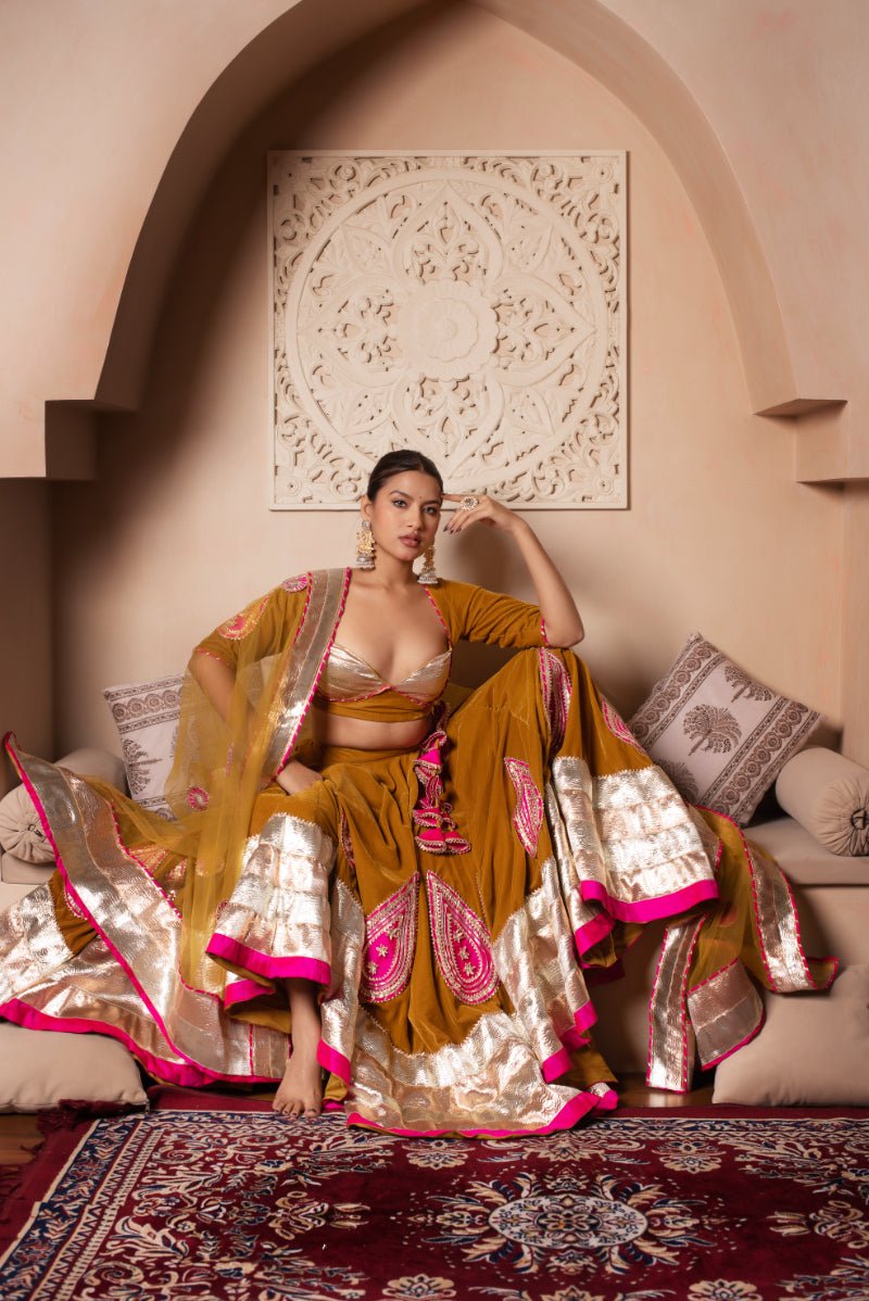 GHAZAL MUSTARD YELLOW VELVET GOTA PATTI LEHENGA WITH SOFT NET DUPATTA - Pomcha Jaipur