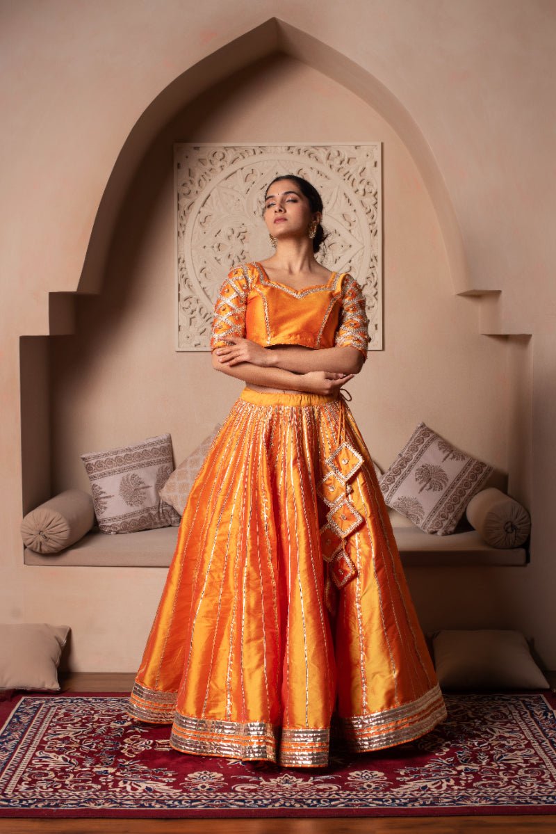 GHAZAL ORANGE TAFFETA SILK GOTA PATTI LEHENGA SET WITH SOFT NET DUPATTA - Pomcha Jaipur