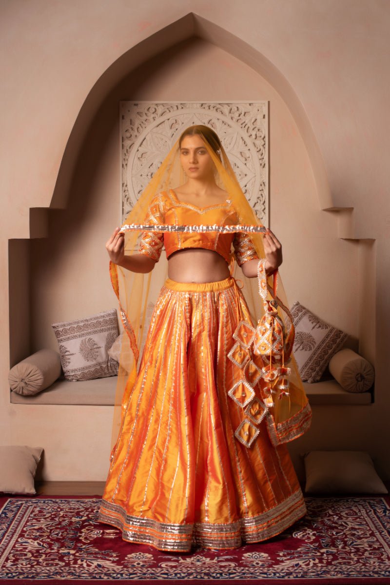 GHAZAL ORANGE TAFFETA SILK GOTA PATTI LEHENGA SET WITH SOFT NET DUPATTA - Pomcha Jaipur