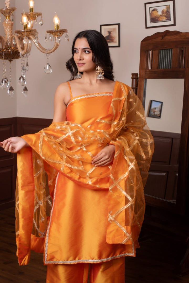 GHAZAL ORANGE TAFFETA SILK GOTA PATTI SUIT SET WITH SOFT NET DUPATTA - Pomcha Jaipur