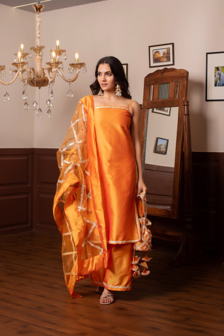 GHAZAL ORANGE TAFFETA SILK GOTA PATTI SUIT SET WITH SOFT NET DUPATTA - Pomcha Jaipur