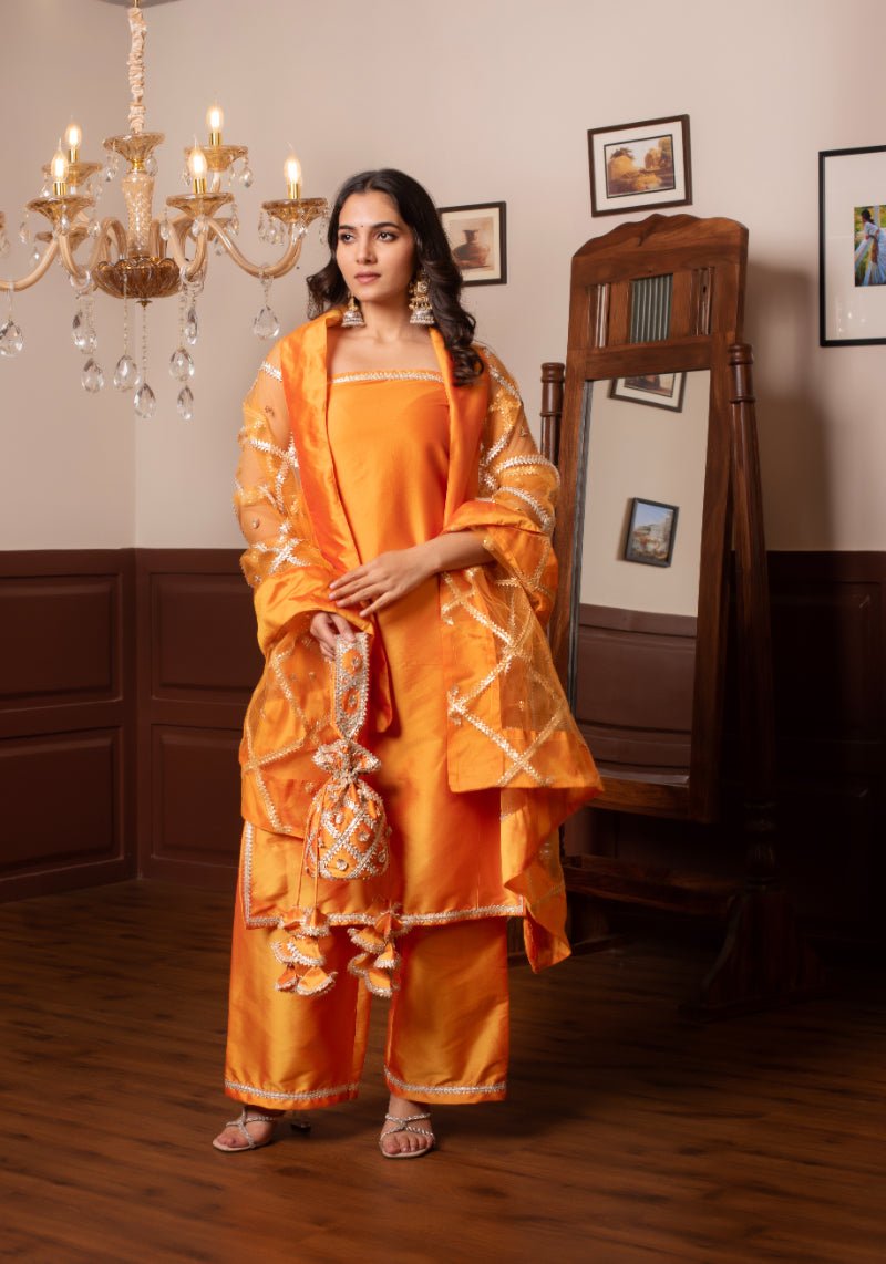 GHAZAL ORANGE TAFFETA SILK GOTA PATTI SUIT SET WITH SOFT NET DUPATTA - Pomcha Jaipur