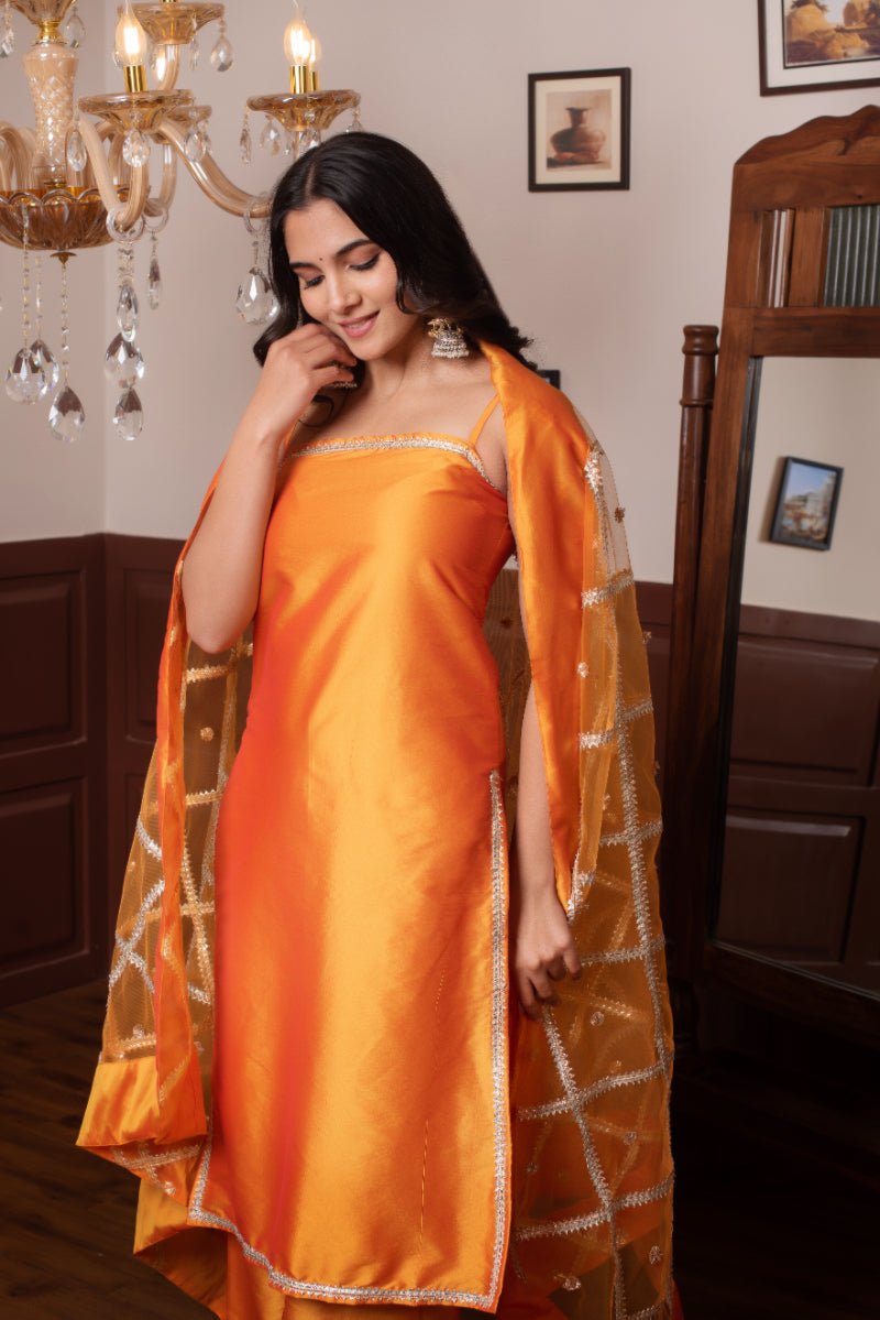 GHAZAL ORANGE TAFFETA SILK GOTA PATTI SUIT SET WITH SOFT NET DUPATTA - Pomcha Jaipur