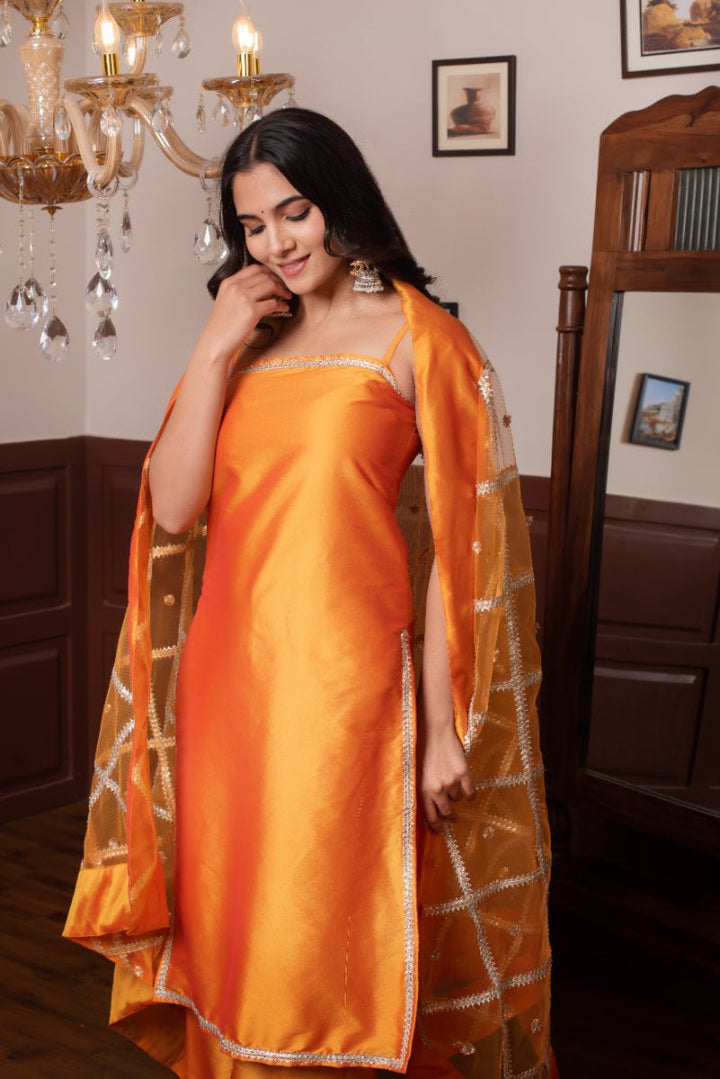 GHAZAL ORANGE TAFFETA SILK GOTA PATTI SUIT SET WITH SOFT NET DUPATTA - Pomcha Jaipur