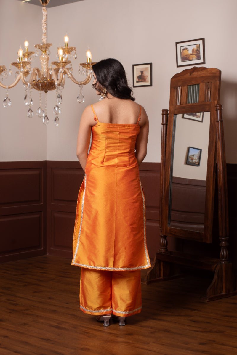 GHAZAL ORANGE TAFFETA SILK GOTA PATTI SUIT SET WITH SOFT NET DUPATTA - Pomcha Jaipur