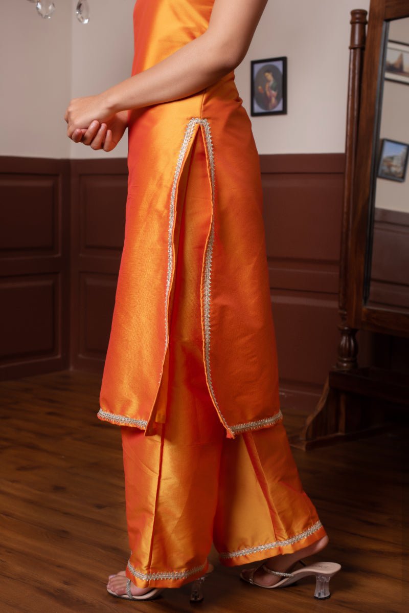 GHAZAL ORANGE TAFFETA SILK GOTA PATTI SUIT SET WITH SOFT NET DUPATTA - Pomcha Jaipur