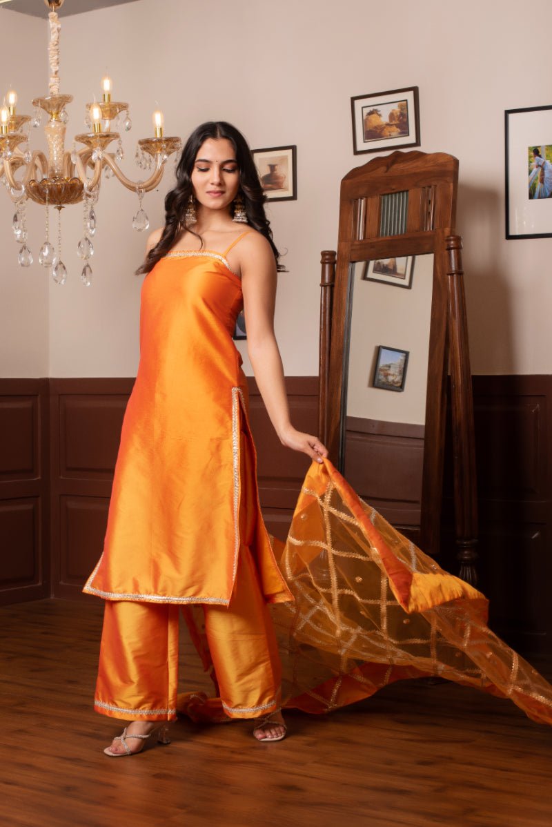 GHAZAL ORANGE TAFFETA SILK GOTA PATTI SUIT SET WITH SOFT NET DUPATTA - Pomcha Jaipur