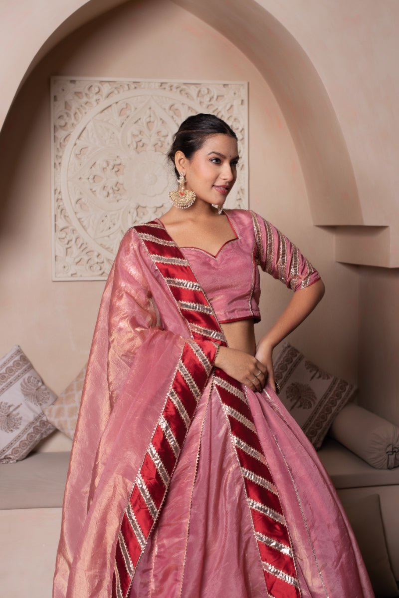 GHAZAL PEACH GOTA PATTI SILK LEHENGA SET WITH SILK DUPATTA - Pomcha Jaipur
