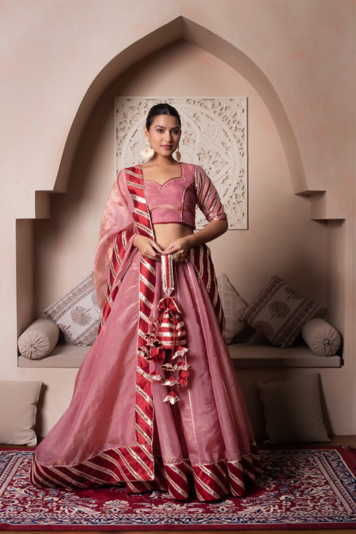 GHAZAL PEACH GOTA PATTI SILK LEHENGA SET WITH SILK DUPATTA - Pomcha Jaipur