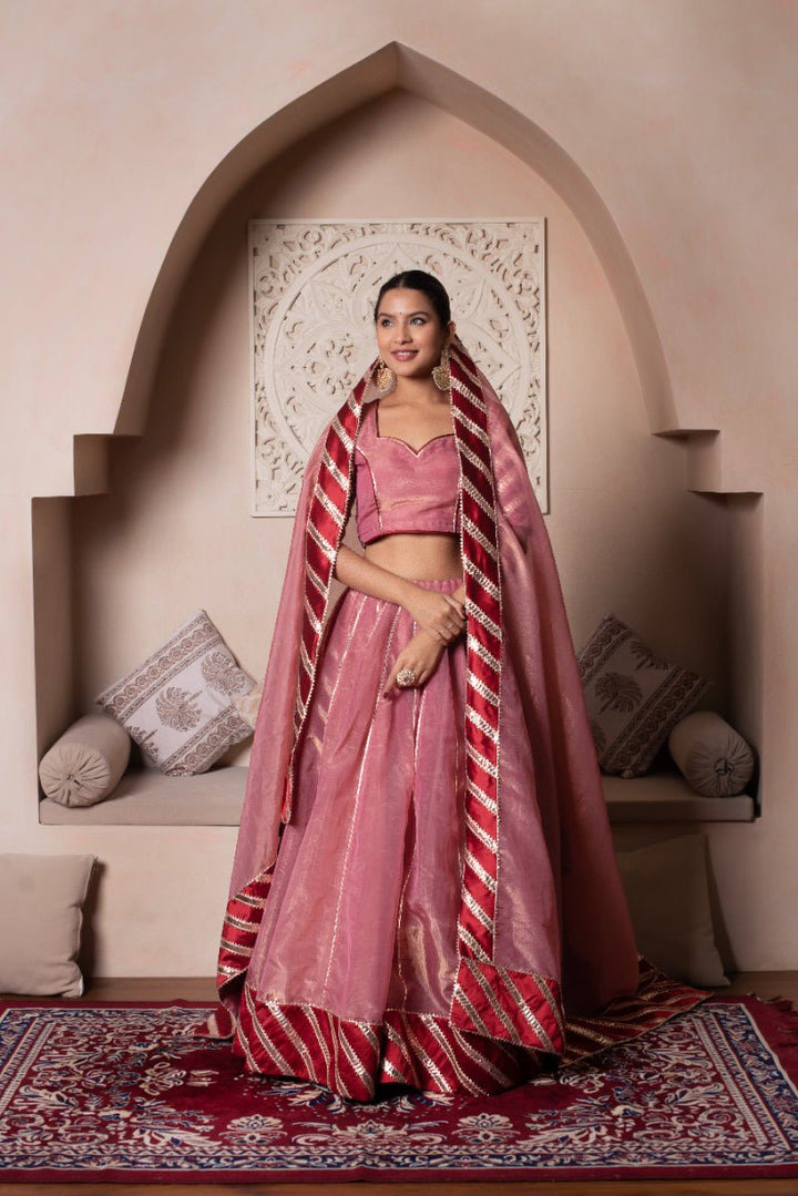GHAZAL PEACH GOTA PATTI SILK LEHENGA SET WITH SILK DUPATTA - Pomcha Jaipur