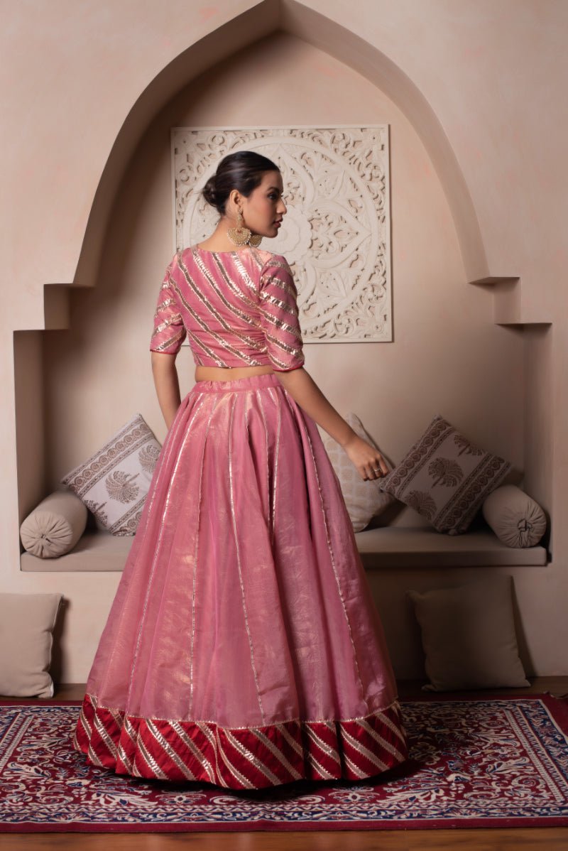 GHAZAL PEACH GOTA PATTI SILK LEHENGA SET WITH SILK DUPATTA - Pomcha Jaipur