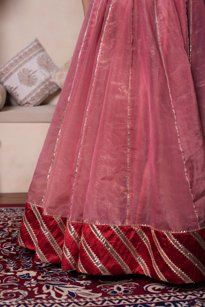 GHAZAL PEACH GOTA PATTI SILK LEHENGA SET WITH SILK DUPATTA - Pomcha Jaipur