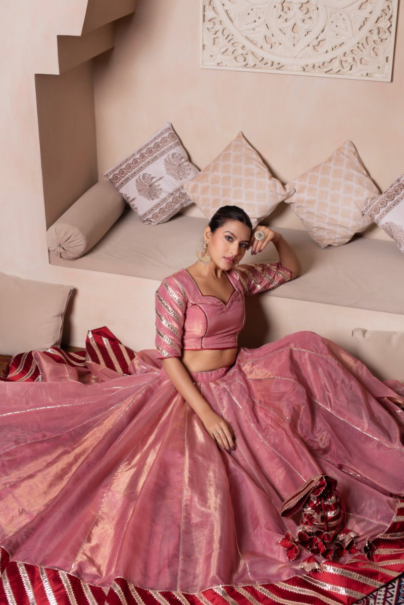 GHAZAL PEACH GOTA PATTI SILK LEHENGA SET WITH SILK DUPATTA - Pomcha Jaipur