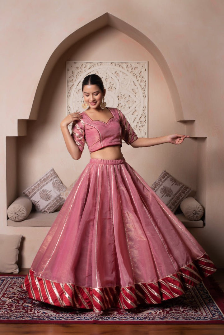 GHAZAL PEACH GOTA PATTI SILK LEHENGA SET WITH SILK DUPATTA - Pomcha Jaipur