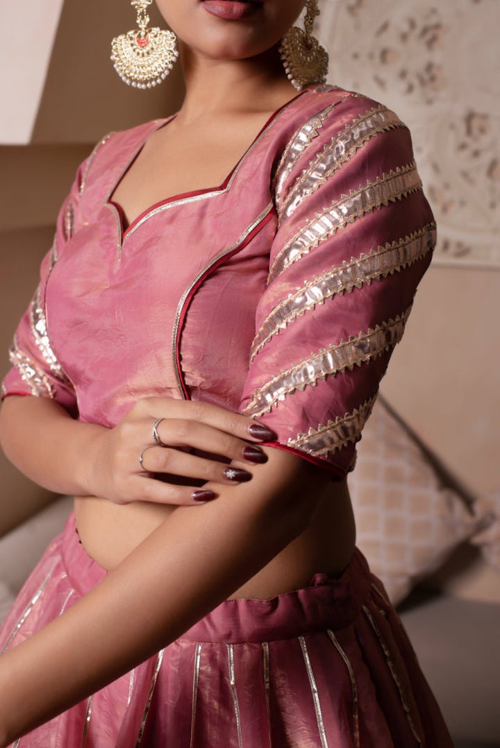 GHAZAL PEACH GOTA PATTI SILK LEHENGA SET WITH SILK DUPATTA - Pomcha Jaipur