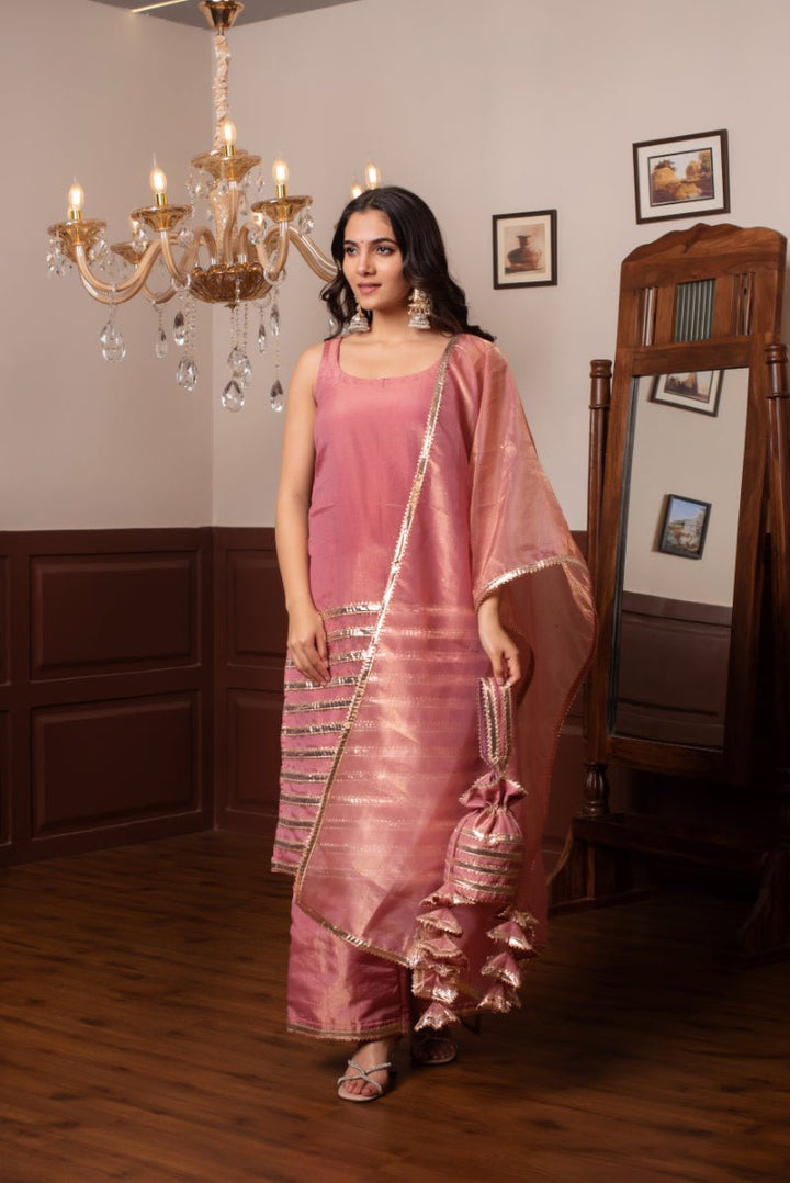 GHAZAL PEACH SILK GOTA PATTI SUIT SET WITH SILK DUPATTA - Pomcha Jaipur