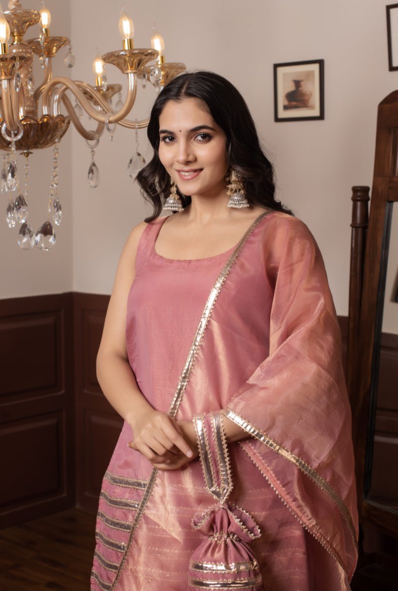 GHAZAL PEACH SILK GOTA PATTI SUIT SET WITH SILK DUPATTA - Pomcha Jaipur