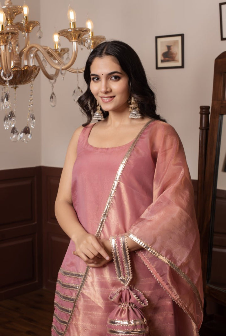 GHAZAL PEACH SILK GOTA PATTI SUIT SET WITH SILK DUPATTA - Pomcha Jaipur