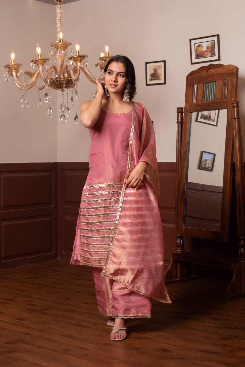 GHAZAL PEACH SILK GOTA PATTI SUIT SET WITH SILK DUPATTA - Pomcha Jaipur
