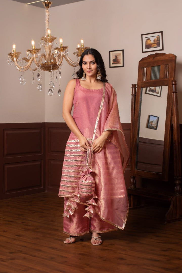 GHAZAL PEACH SILK GOTA PATTI SUIT SET WITH SILK DUPATTA - Pomcha Jaipur