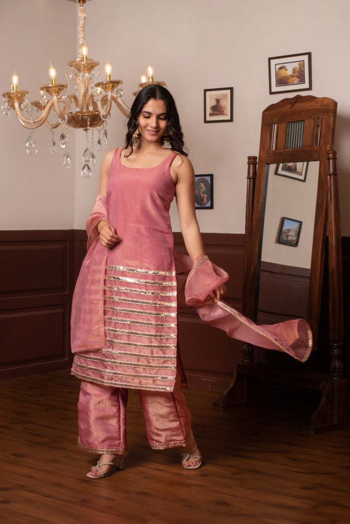 GHAZAL PEACH SILK GOTA PATTI SUIT SET WITH SILK DUPATTA - Pomcha Jaipur