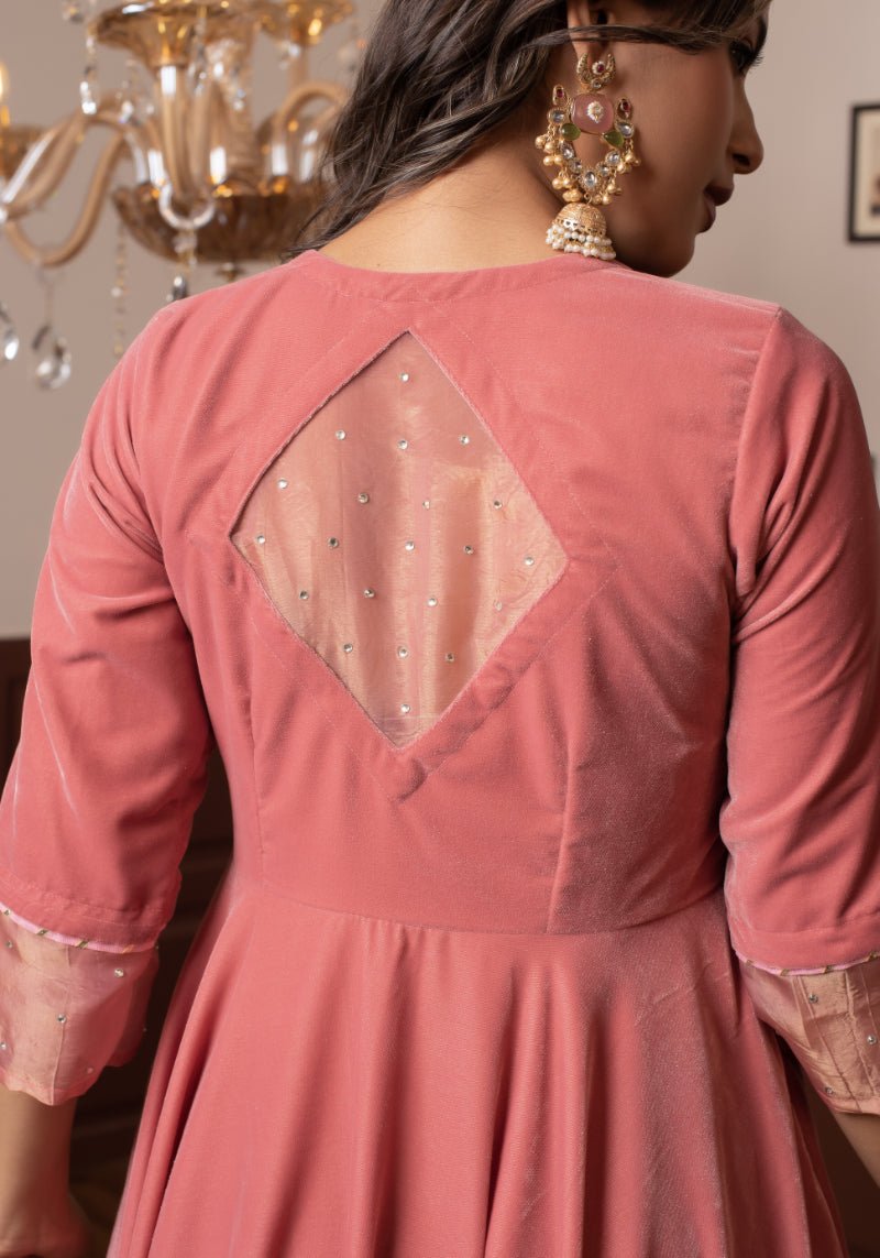 GHAZAL PEACH VELVET ANARKALI SET WITH COSMOS SILK DUPATTA - Pomcha Jaipur