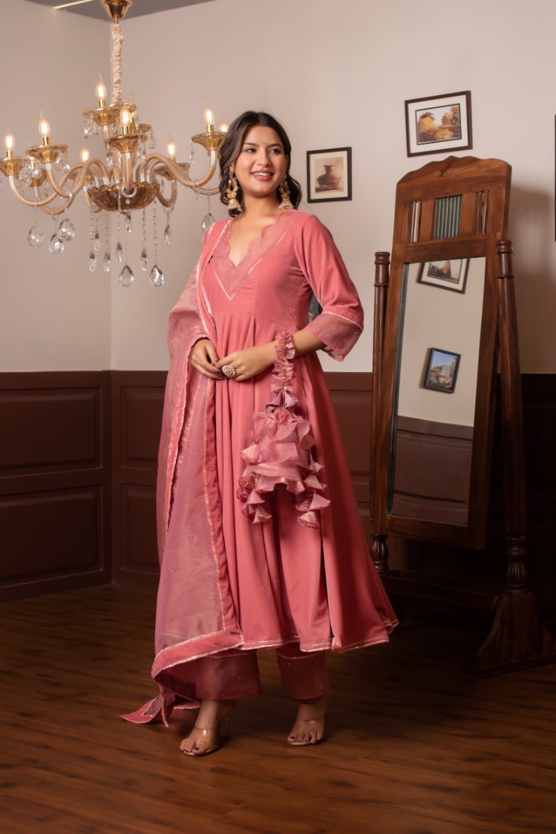GHAZAL PEACH VELVET ANARKALI SET WITH COSMOS SILK DUPATTA - Pomcha Jaipur
