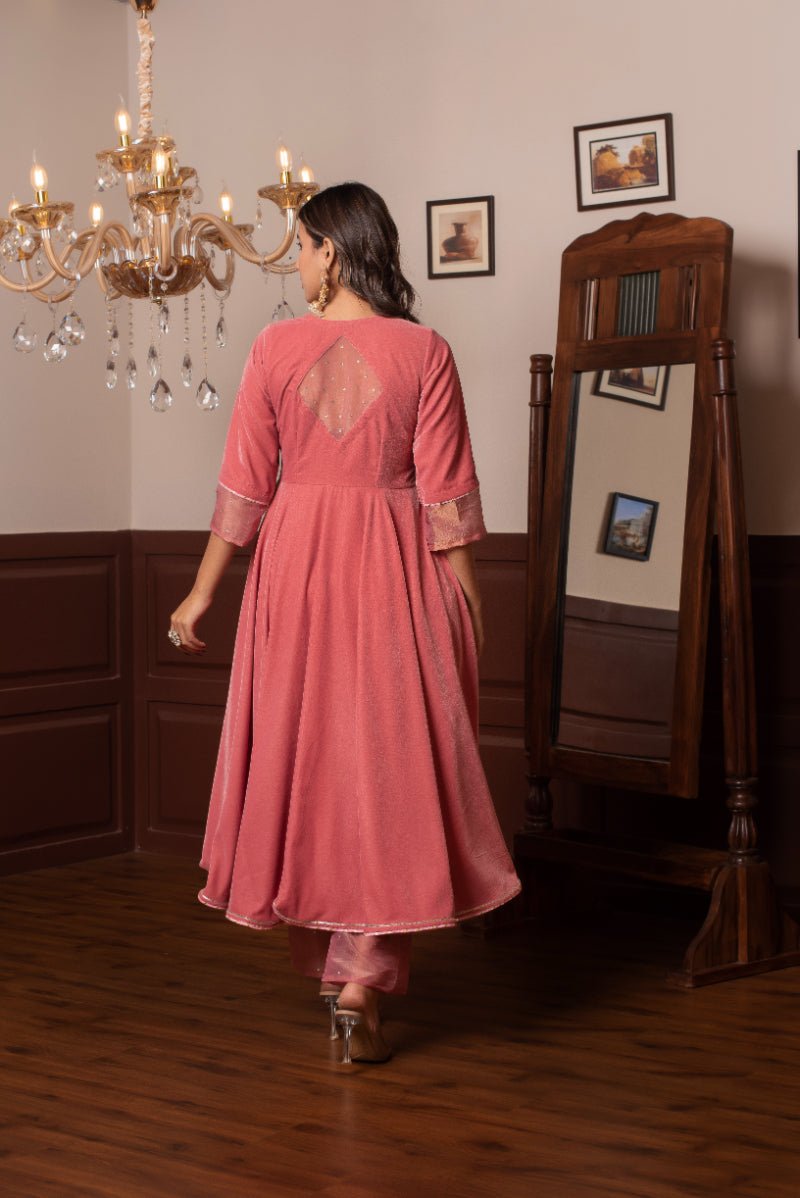 GHAZAL PEACH VELVET ANARKALI SET WITH COSMOS SILK DUPATTA - Pomcha Jaipur